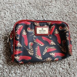 🧚‍♀️Nicole Miller Glam Leopard Heel Print Cosmetic Pouch | Red Satin Interior